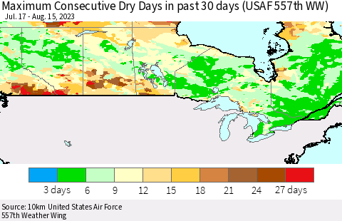 Canada Maximum Consecutive Dry Days in past 30 days (USAF 557th WW) 08/15/2023 Thematic Map For 8/11/2023 - 8/15/2023