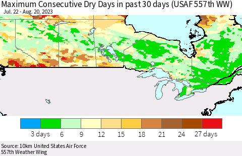 Canada Maximum Consecutive Dry Days in past 30 days (USAF 557th WW) 08/20/2023 Thematic Map For 8/16/2023 - 8/20/2023