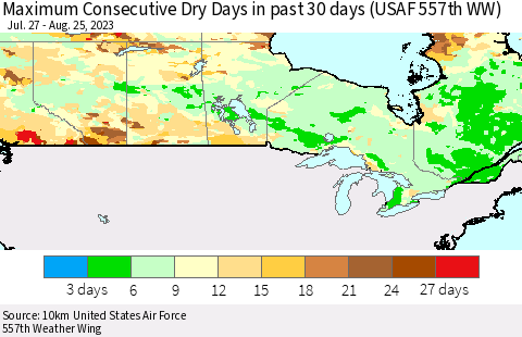 Canada Maximum Consecutive Dry Days in past 30 days (USAF 557th WW) 08/25/2023 Thematic Map For 8/21/2023 - 8/25/2023