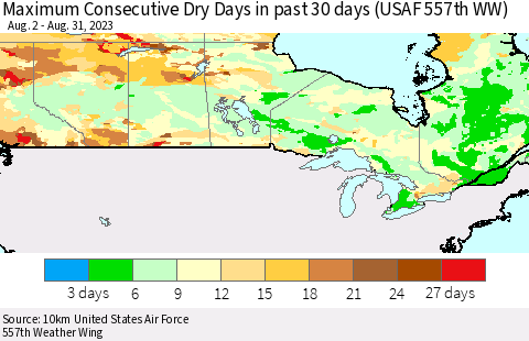 Canada Maximum Consecutive Dry Days in past 30 days (USAF 557th WW) 08/31/2023 Thematic Map For 8/26/2023 - 8/31/2023