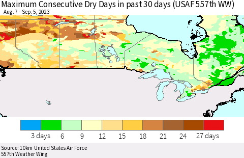 Canada Maximum Consecutive Dry Days in past 30 days (USAF 557th WW) 09/05/2023 Thematic Map For 9/1/2023 - 9/5/2023