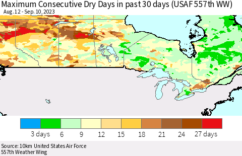 Canada Maximum Consecutive Dry Days in past 30 days (USAF 557th WW) 09/10/2023 Thematic Map For 9/6/2023 - 9/10/2023