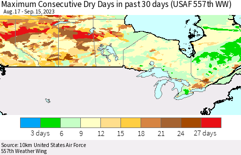 Canada Maximum Consecutive Dry Days in past 30 days (USAF 557th WW) 09/15/2023 Thematic Map For 9/11/2023 - 9/15/2023