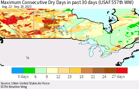 Canada Maximum Consecutive Dry Days in past 30 days (USAF 557th WW) 09/20/2023 Thematic Map For 9/16/2023 - 9/20/2023