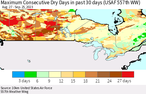 Canada Maximum Consecutive Dry Days in past 30 days (USAF 557th WW) 09/25/2023 Thematic Map For 9/21/2023 - 9/25/2023
