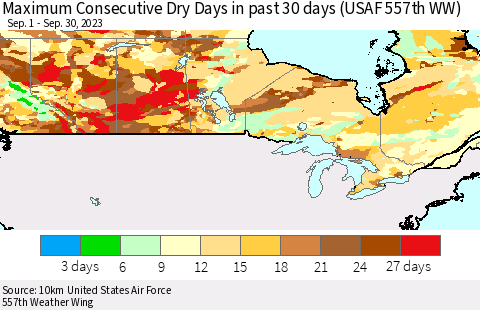Canada Maximum Consecutive Dry Days in past 30 days (USAF 557th WW) 09/30/2023 Thematic Map For 9/26/2023 - 9/30/2023