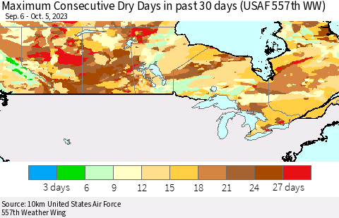 Canada Maximum Consecutive Dry Days in past 30 days (USAF 557th WW) 10/05/2023 Thematic Map For 10/1/2023 - 10/5/2023