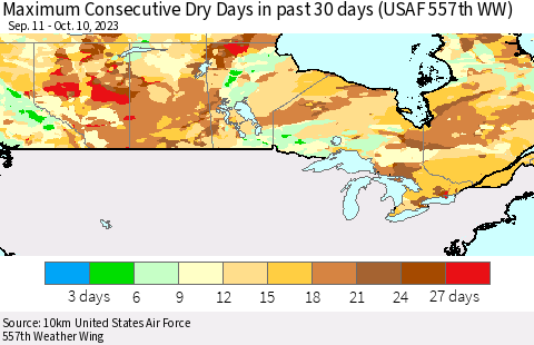 Canada Maximum Consecutive Dry Days in past 30 days (USAF 557th WW) 10/10/2023 Thematic Map For 10/6/2023 - 10/10/2023