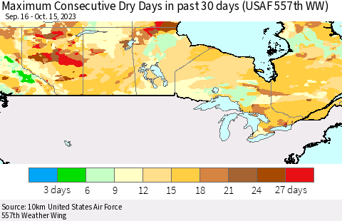 Canada Maximum Consecutive Dry Days in past 30 days (USAF 557th WW) 10/15/2023 Thematic Map For 10/11/2023 - 10/15/2023