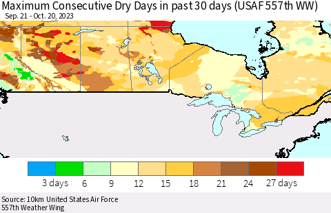 Canada Maximum Consecutive Dry Days in past 30 days (USAF 557th WW) 10/20/2023 Thematic Map For 10/16/2023 - 10/20/2023