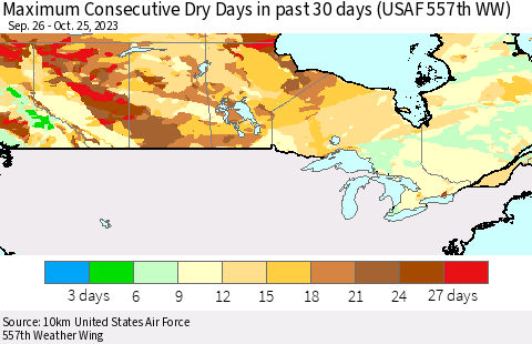 Canada Maximum Consecutive Dry Days in past 30 days (USAF 557th WW) 10/25/2023 Thematic Map For 10/21/2023 - 10/25/2023
