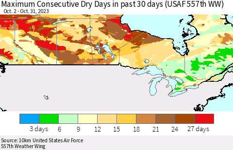 Canada Maximum Consecutive Dry Days in past 30 days (USAF 557th WW) 10/31/2023 Thematic Map For 10/26/2023 - 10/31/2023