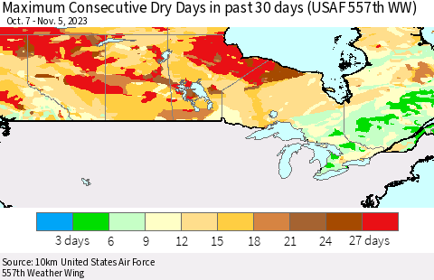 Canada Maximum Consecutive Dry Days in past 30 days (USAF 557th WW) 11/05/2023 Thematic Map For 11/1/2023 - 11/5/2023