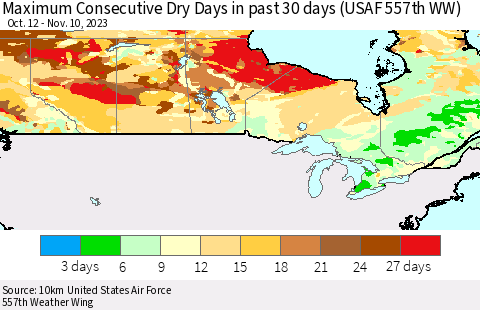 Canada Maximum Consecutive Dry Days in past 30 days (USAF 557th WW) 11/10/2023 Thematic Map For 11/6/2023 - 11/10/2023