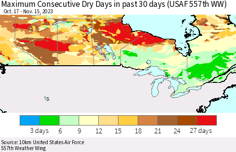 Canada Maximum Consecutive Dry Days in past 30 days (USAF 557th WW) 11/15/2023 Thematic Map For 11/11/2023 - 11/15/2023