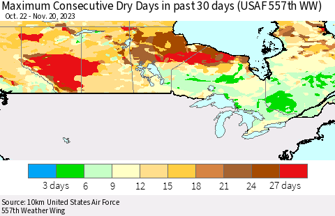 Canada Maximum Consecutive Dry Days in past 30 days (USAF 557th WW) 11/20/2023 Thematic Map For 11/16/2023 - 11/20/2023