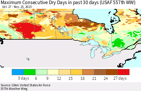 Canada Maximum Consecutive Dry Days in past 30 days (USAF 557th WW) 11/25/2023 Thematic Map For 11/21/2023 - 11/25/2023