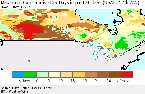 Canada Maximum Consecutive Dry Days in past 30 days (USAF 557th WW) 11/30/2023 Thematic Map For 11/26/2023 - 11/30/2023