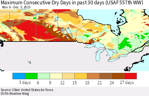 Canada Maximum Consecutive Dry Days in past 30 days (USAF 557th WW) 12/05/2023 Thematic Map For 12/1/2023 - 12/5/2023