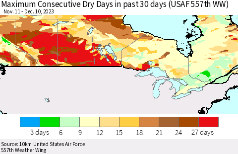 Canada Maximum Consecutive Dry Days in past 30 days (USAF 557th WW) 12/10/2023 Thematic Map For 12/6/2023 - 12/10/2023