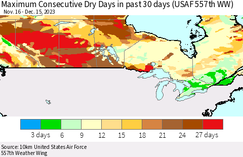 Canada Maximum Consecutive Dry Days in past 30 days (USAF 557th WW) 12/15/2023 Thematic Map For 12/11/2023 - 12/15/2023