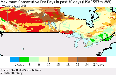 Canada Maximum Consecutive Dry Days in past 30 days (USAF 557th WW) 12/20/2023 Thematic Map For 12/16/2023 - 12/20/2023