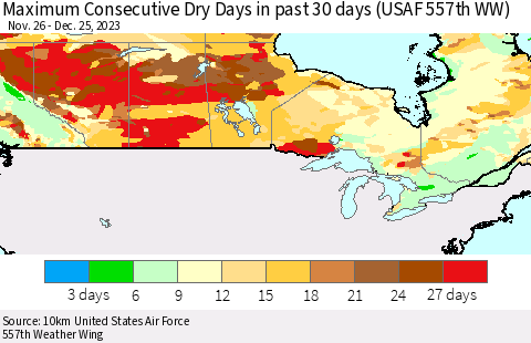 Canada Maximum Consecutive Dry Days in past 30 days (USAF 557th WW) 12/25/2023 Thematic Map For 12/21/2023 - 12/25/2023