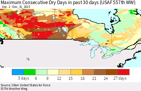 Canada Maximum Consecutive Dry Days in past 30 days (USAF 557th WW) 12/31/2023 Thematic Map For 12/26/2023 - 12/31/2023