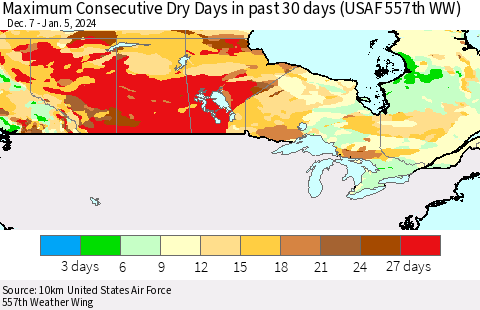 Canada Maximum Consecutive Dry Days in past 30 days (USAF 557th WW) 01/05/2024 Thematic Map For 1/1/2024 - 1/5/2024