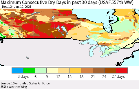 Canada Maximum Consecutive Dry Days in past 30 days (USAF 557th WW) 01/10/2024 Thematic Map For 1/6/2024 - 1/10/2024