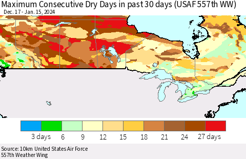 Canada Maximum Consecutive Dry Days in past 30 days (USAF 557th WW) 01/15/2024 Thematic Map For 1/11/2024 - 1/15/2024