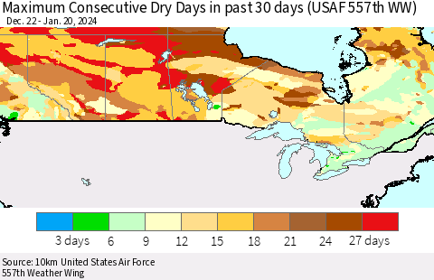 Canada Maximum Consecutive Dry Days in past 30 days (USAF 557th WW) 01/20/2024 Thematic Map For 1/16/2024 - 1/20/2024