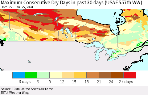 Canada Maximum Consecutive Dry Days in past 30 days (USAF 557th WW) 01/25/2024 Thematic Map For 1/21/2024 - 1/25/2024