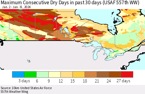 Canada Maximum Consecutive Dry Days in past 30 days (USAF 557th WW) 01/31/2024 Thematic Map For 1/26/2024 - 1/31/2024