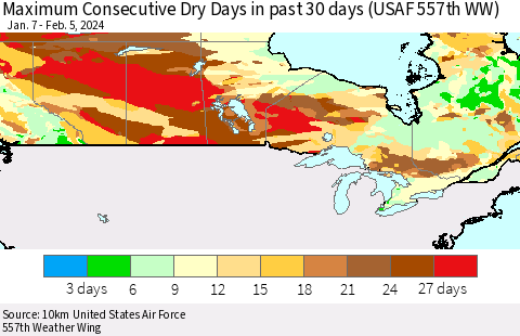 Canada Maximum Consecutive Dry Days in past 30 days (USAF 557th WW) 02/05/2024 Thematic Map For 2/1/2024 - 2/5/2024