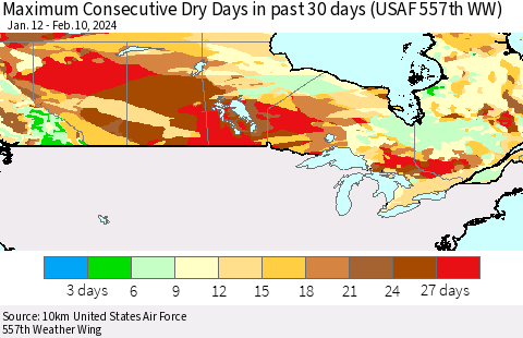 Canada Maximum Consecutive Dry Days in past 30 days (USAF 557th WW) 02/10/2024 Thematic Map For 2/6/2024 - 2/10/2024