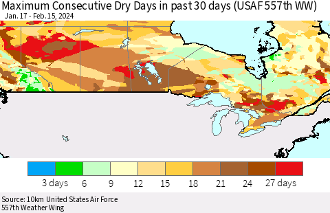Canada Maximum Consecutive Dry Days in past 30 days (USAF 557th WW) 02/15/2024 Thematic Map For 2/11/2024 - 2/15/2024
