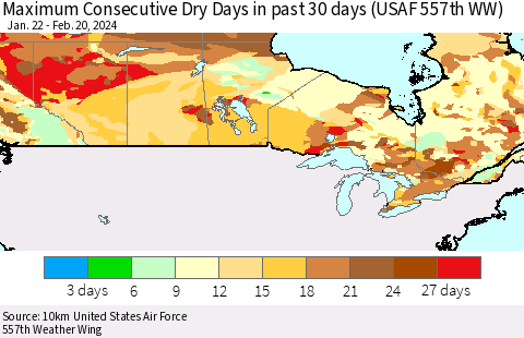 Canada Maximum Consecutive Dry Days in past 30 days (USAF 557th WW) 02/20/2024 Thematic Map For 2/16/2024 - 2/20/2024