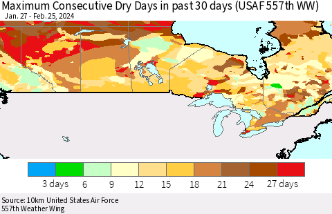 Canada Maximum Consecutive Dry Days in past 30 days (USAF 557th WW) 02/25/2024 Thematic Map For 2/21/2024 - 2/25/2024