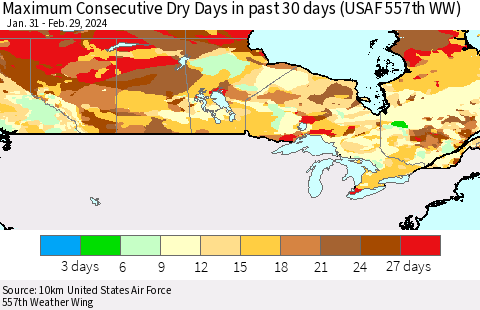Canada Maximum Consecutive Dry Days in past 30 days (USAF 557th WW) 02/29/2024 Thematic Map For 2/26/2024 - 2/29/2024