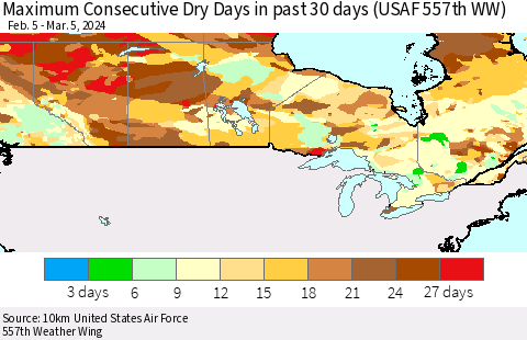 Canada Maximum Consecutive Dry Days in past 30 days (USAF 557th WW) 03/05/2024 Thematic Map For 3/1/2024 - 3/5/2024