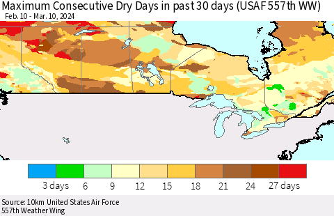 Canada Maximum Consecutive Dry Days in past 30 days (USAF 557th WW) 03/10/2024 Thematic Map For 3/6/2024 - 3/10/2024