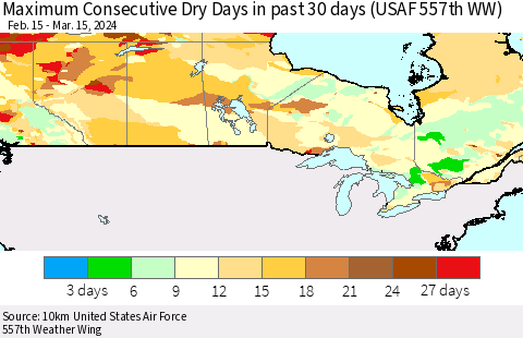 Canada Maximum Consecutive Dry Days in past 30 days (USAF 557th WW) 03/15/2024 Thematic Map For 3/11/2024 - 3/15/2024