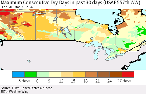 Canada Maximum Consecutive Dry Days in past 30 days (USAF 557th WW) 03/20/2024 Thematic Map For 3/16/2024 - 3/20/2024