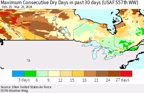 Canada Maximum Consecutive Dry Days in past 30 days (USAF 557th WW) 03/25/2024 Thematic Map For 3/21/2024 - 3/25/2024