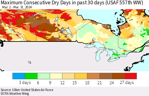 Canada Maximum Consecutive Dry Days in past 30 days (USAF 557th WW) 03/31/2024 Thematic Map For 3/26/2024 - 3/31/2024