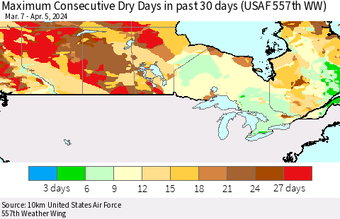 Canada Maximum Consecutive Dry Days in past 30 days (USAF 557th WW) 04/05/2024 Thematic Map For 4/1/2024 - 4/5/2024