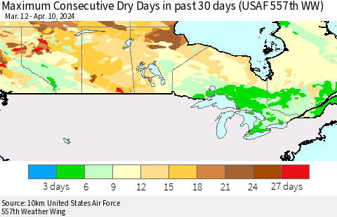 Canada Maximum Consecutive Dry Days in past 30 days (USAF 557th WW) 04/10/2024 Thematic Map For 4/6/2024 - 4/10/2024