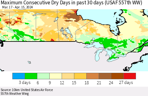 Canada Maximum Consecutive Dry Days in past 30 days (USAF 557th WW) 04/15/2024 Thematic Map For 4/11/2024 - 4/15/2024