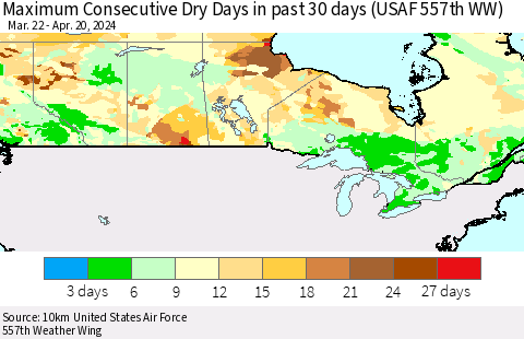 Canada Maximum Consecutive Dry Days in past 30 days (USAF 557th WW) 04/20/2024 Thematic Map For 4/16/2024 - 4/20/2024